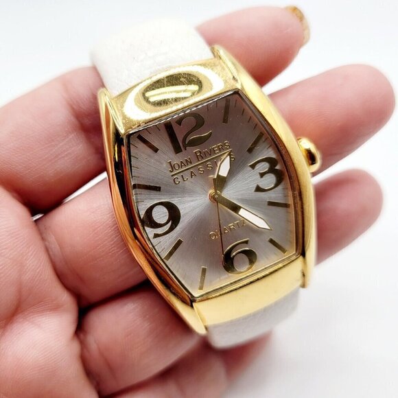Joan Rivers Quartz Cuff Watch White Genuine Leather Band Gold Tone - Picture 1 of 11